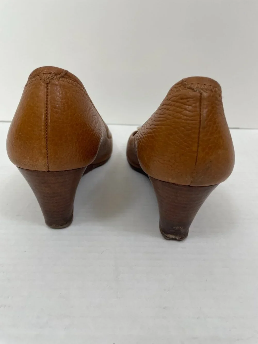 Tory Burch Sally Peep-Toe Wedge Pumps with Gold Logo Brown Leather Size: 9